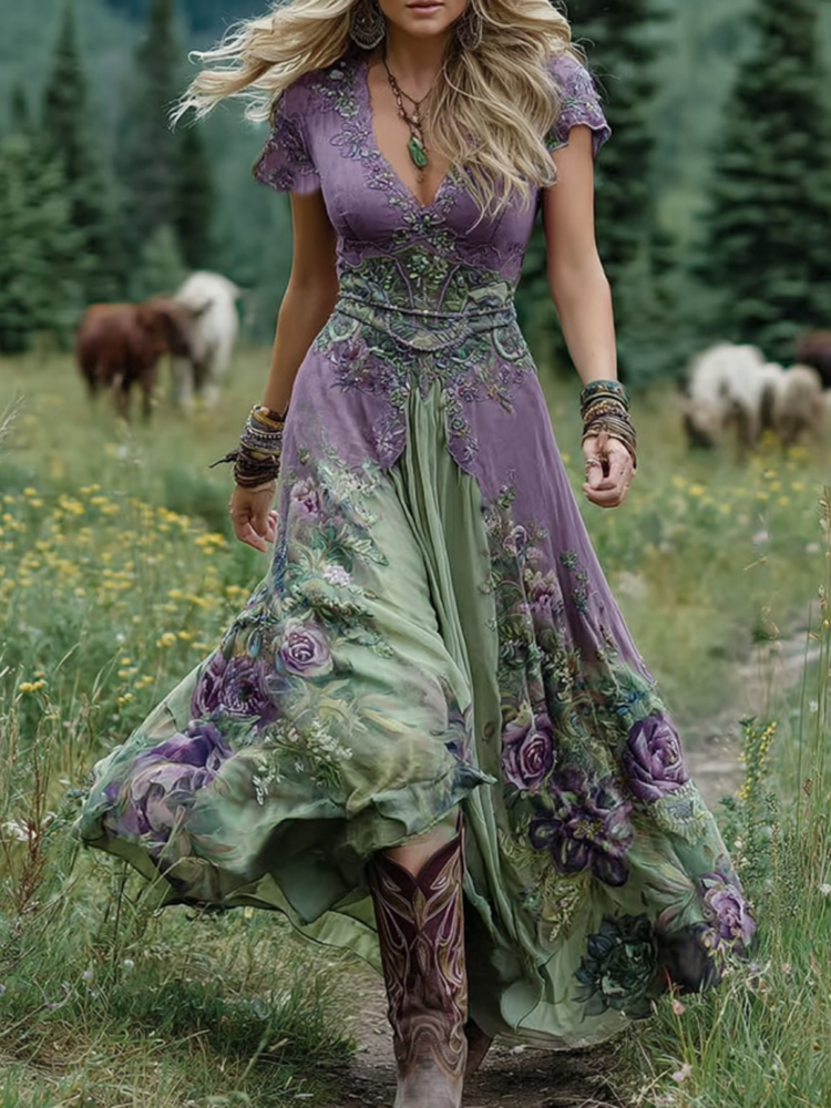 Vibrant floral print bohemian maxi dress for women. Features a flowing silhouette and versatile spring/summer style.