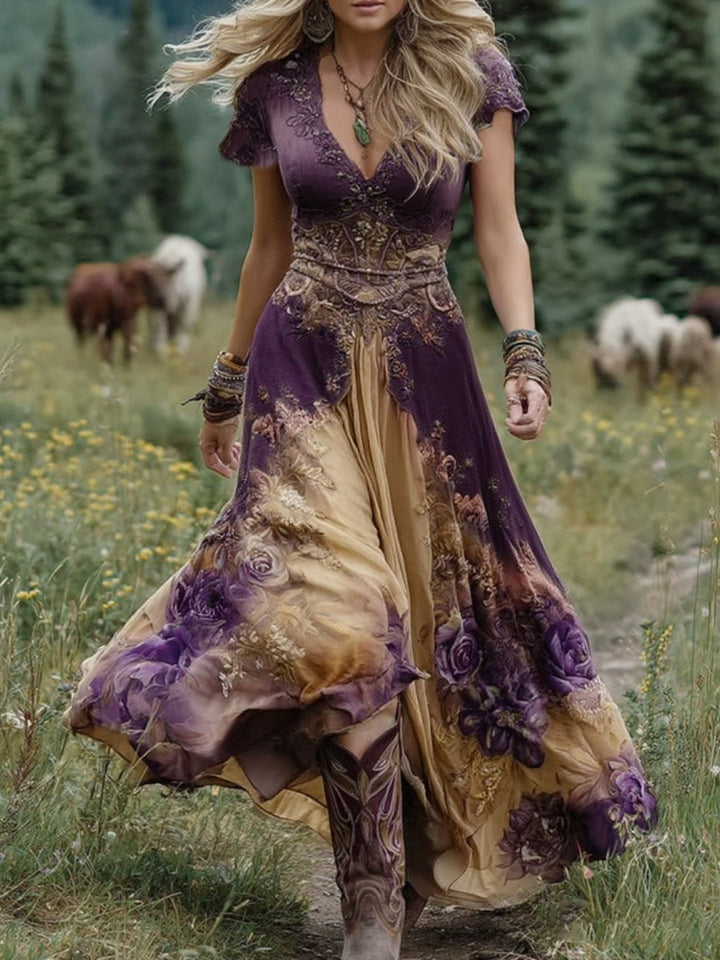 Long bohemian floral maxi dress, perfect for a chic spring outfit or versatile women's summer fashion.