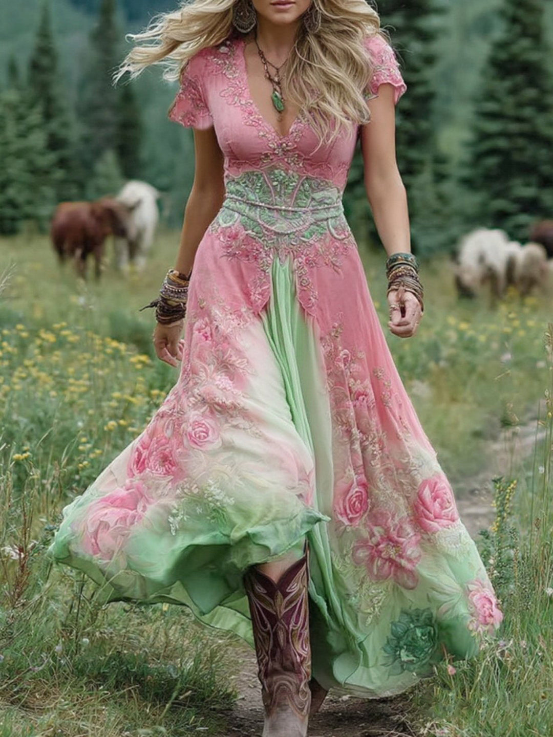 Stylish women's bohemian floral maxi dress with a flowing silhouette. An elegant and versatile spring/summer fashion.