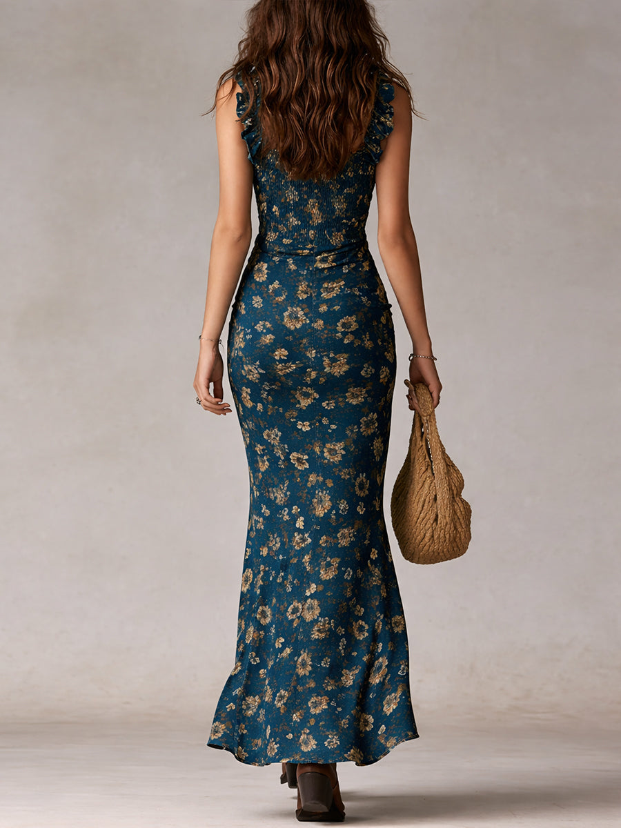 Lightweight women's floral print maxi dress, ruffles, high slit, great for sunny summer & beach days.