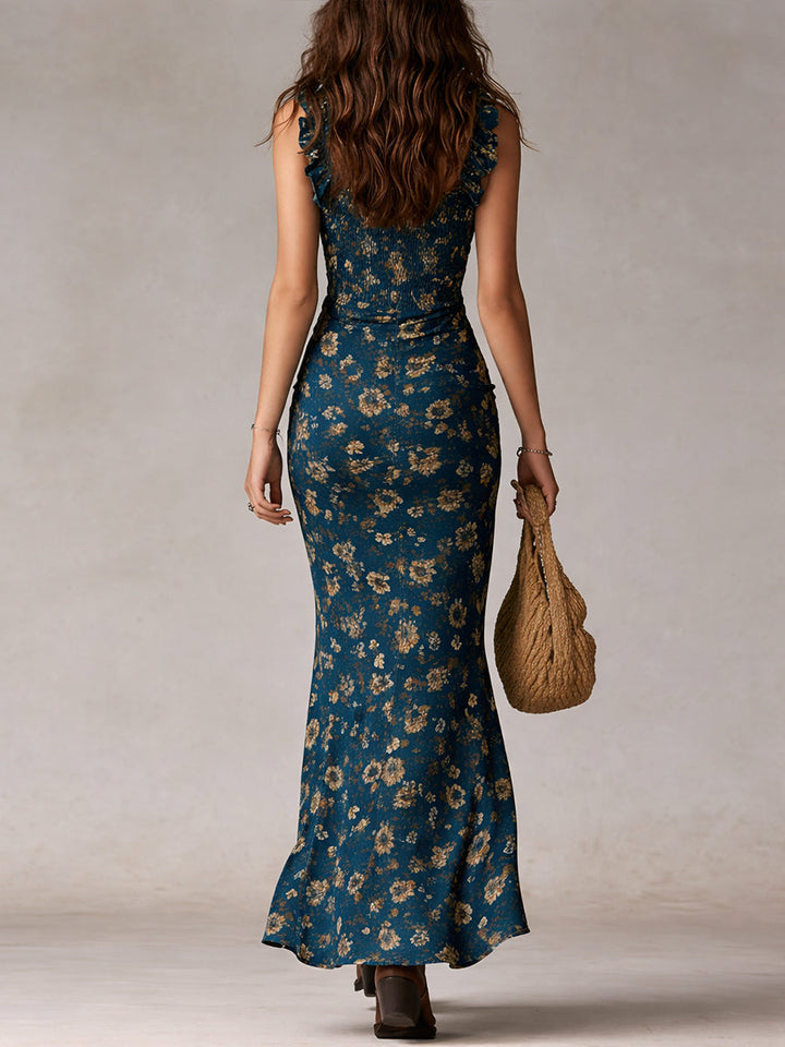 Lightweight women's floral print maxi dress, ruffles, high slit, great for sunny summer & beach days.