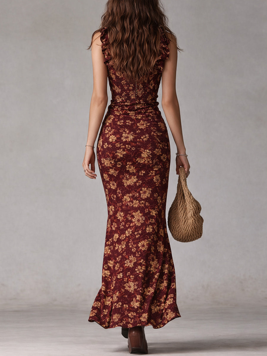 Chic women's bohemian floral maxi dress with ruffles & slit, versatile for summer day or evening wear.