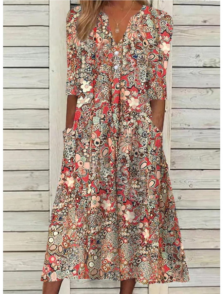 Women's bohemian floral print midi dress with relaxed fit, V-neck, and half sleeves for casual summer style.