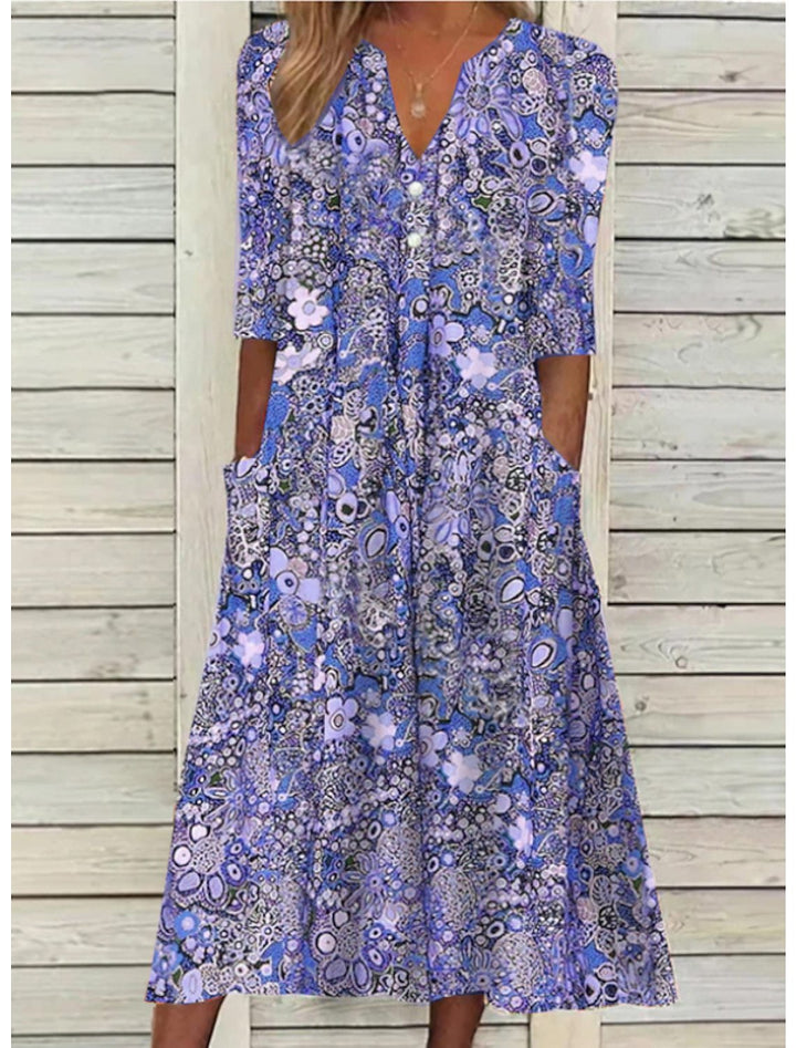 Relaxed fit women's floral midi dress, bohemian style, perfect for spring/summer casual wear.
