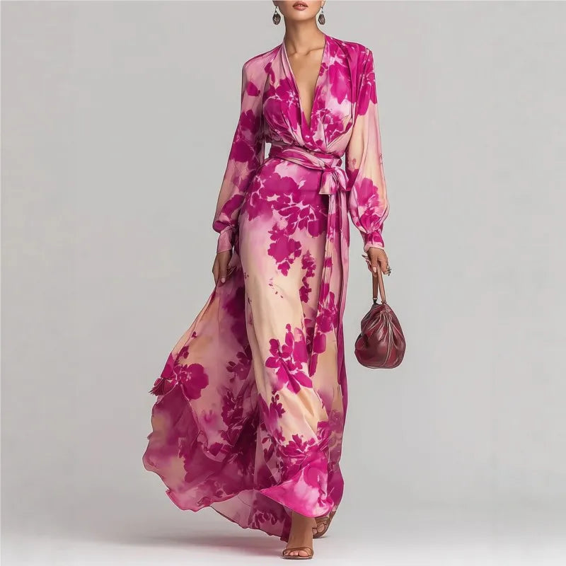 Women's Bohemian Maxi Dress with deep V-neck, lantern sleeves, and a stylish waist belt. Perfect for summer vacations.