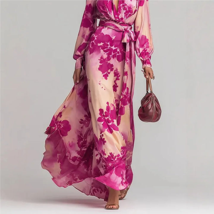 Elegant women's flowing bohemian maxi dress, V-neck, and delicate lantern sleeves. Ideal for parties & events.