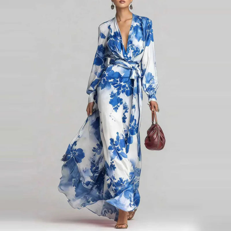 Chic women's bohemian maxi dress with flattering V-neck, comfy lantern sleeves, and a belted waist for casual wear.