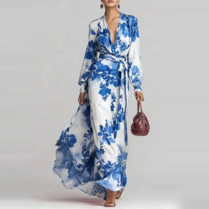 Chic women's bohemian maxi dress with flattering V-neck, comfy lantern sleeves, and a belted waist for casual wear.