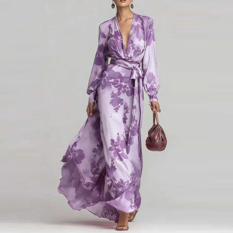 Stylish women's bohemian summer maxi dress, V-neck, long lantern sleeves, and a cinched waist belt for elegance.