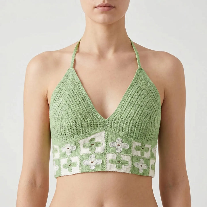 Chic women's patterned halter crop top, perfect for a stylish bohemian beach look.