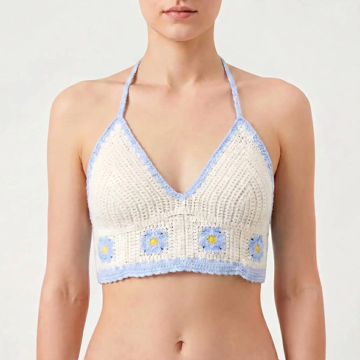Adjustable women's crop top with a colorful bohemian pattern and flattering halter neckline.
