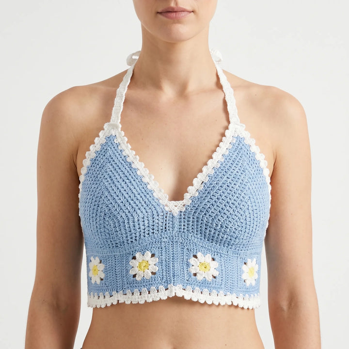 Boho patterned halter crop top for women, featuring adjustable straps for a perfect fit.