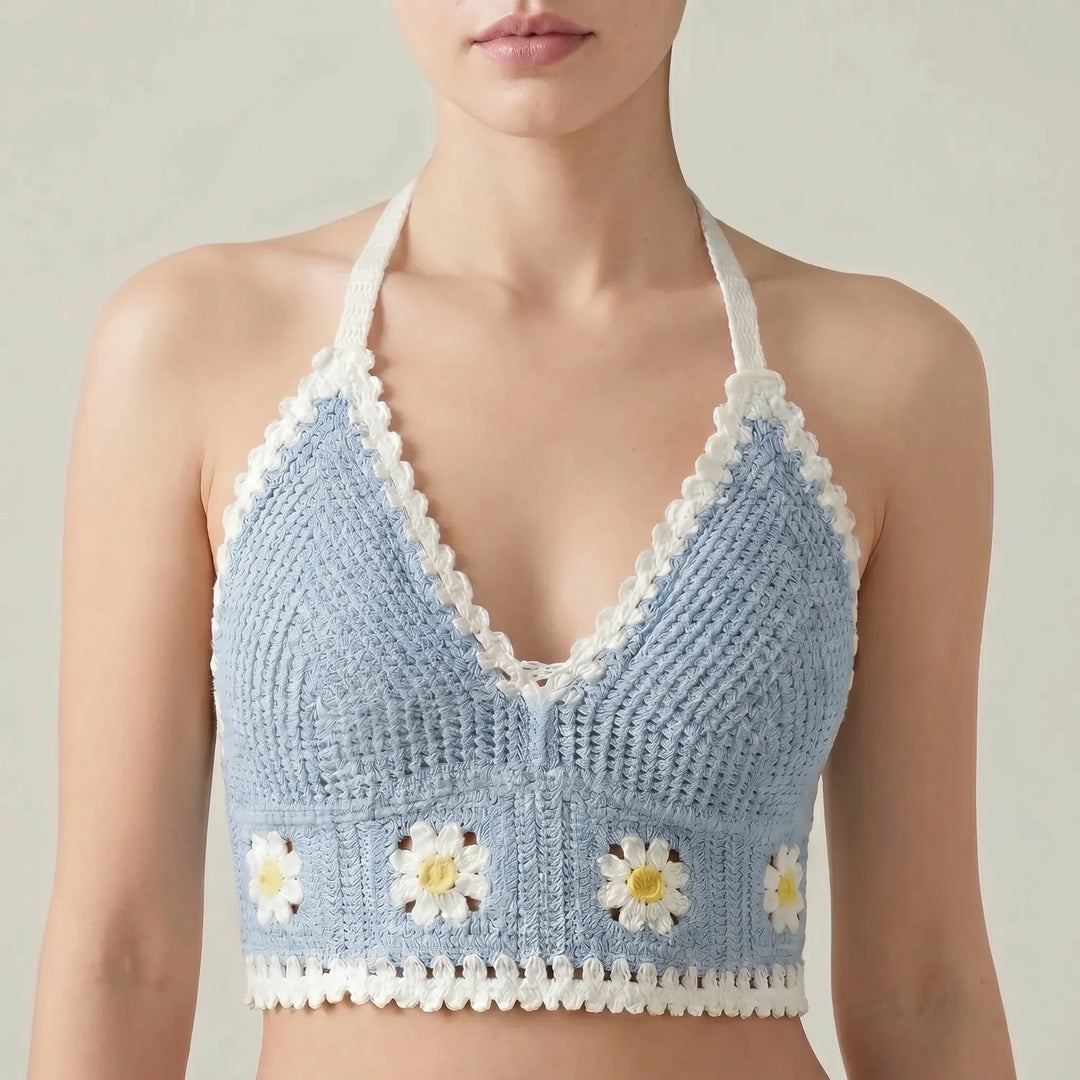 Adjustable halter crop top for women, showcasing a unique bohemian pattern for summer style.