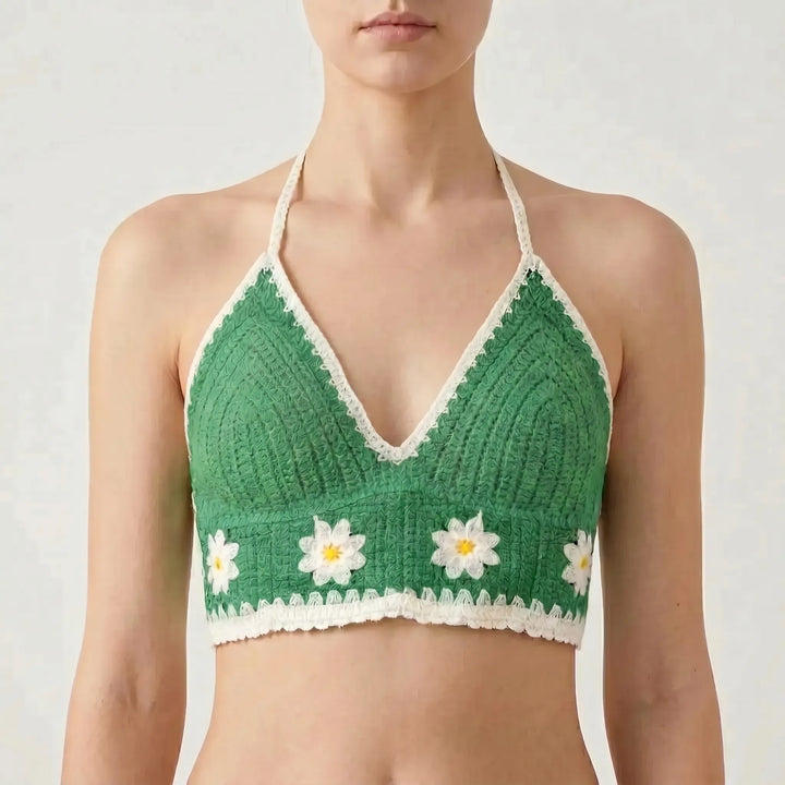 Women's summer beachwear: a patterned halter crop top with bohemian flair.