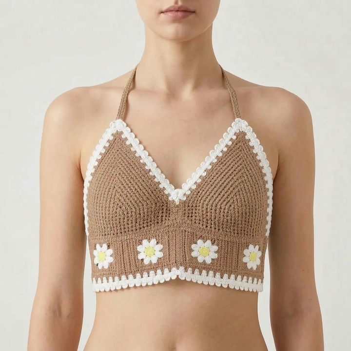 Lightweight women's crop top with a bohemian pattern and comfortable halter neck design.