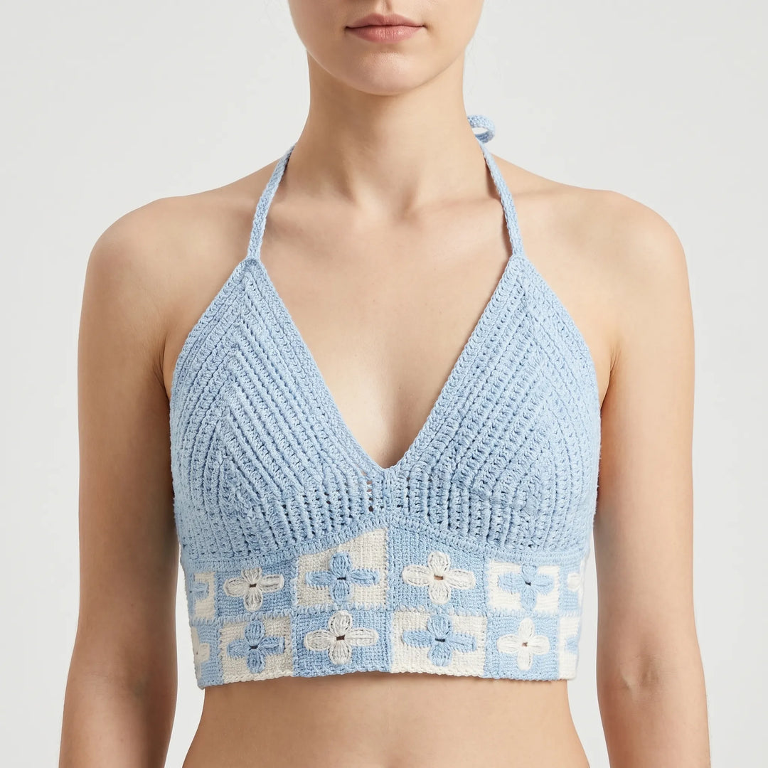 Vibrant bohemian pattern halter crop top for women's summer and beach vacation outfits.