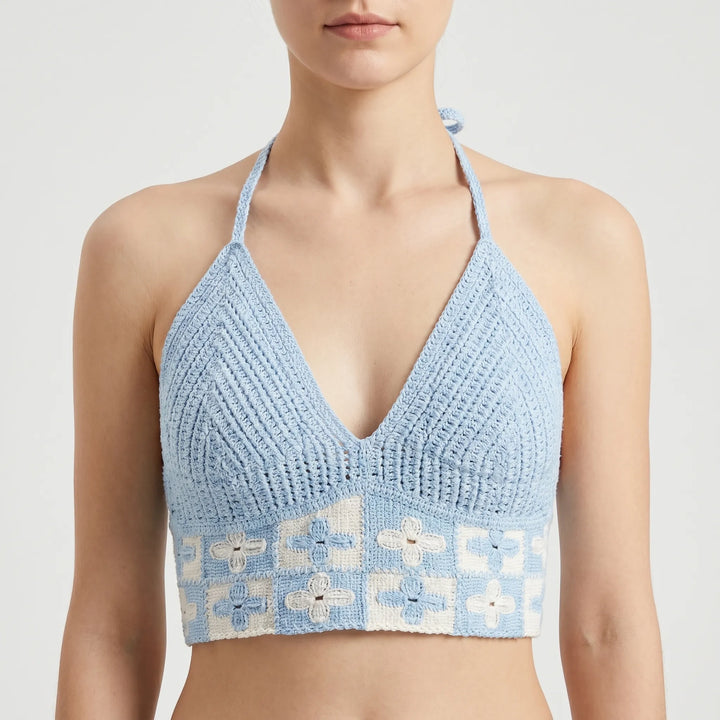 Vibrant bohemian pattern halter crop top for women's summer and beach vacation outfits.