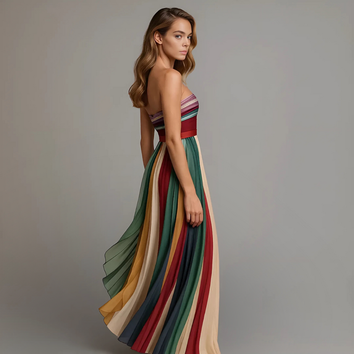 Flowy pleated strapless bohemian maxi dress for women, multicolor summer and beachwear, comfortable & stylish.