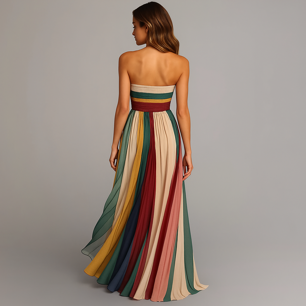 Vibrant multicolor women's bohemian strapless maxi dress, featuring elegant pleats, great for summer vacation.