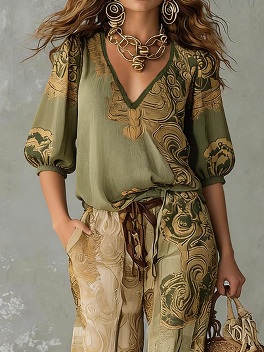 Women's bohemian print two-piece set, featuring a relaxed fit v-neck top and matching pants, ideal for summer.