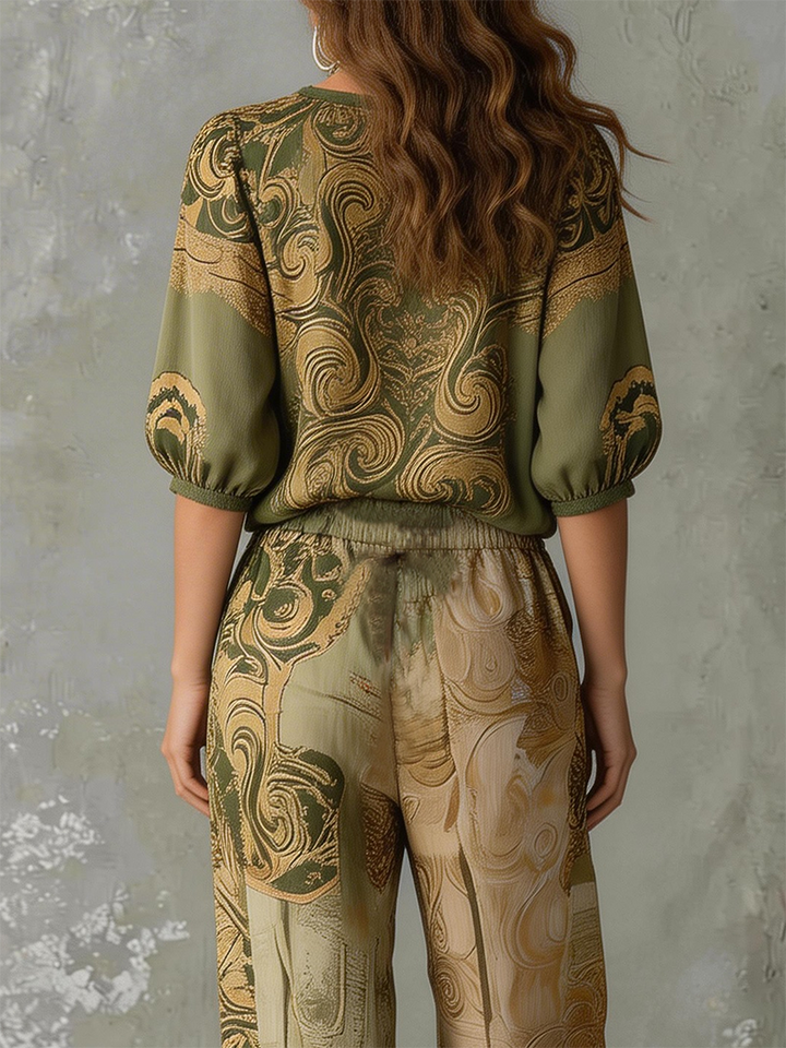 Women's relaxed fit bohemian print matching set, perfect for casual summer outings and comfortable all-day wear.