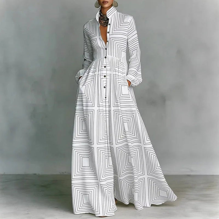 Women's bohemian printed maxi dress with stand collar, long sleeves, and flowy silhouette for summer.