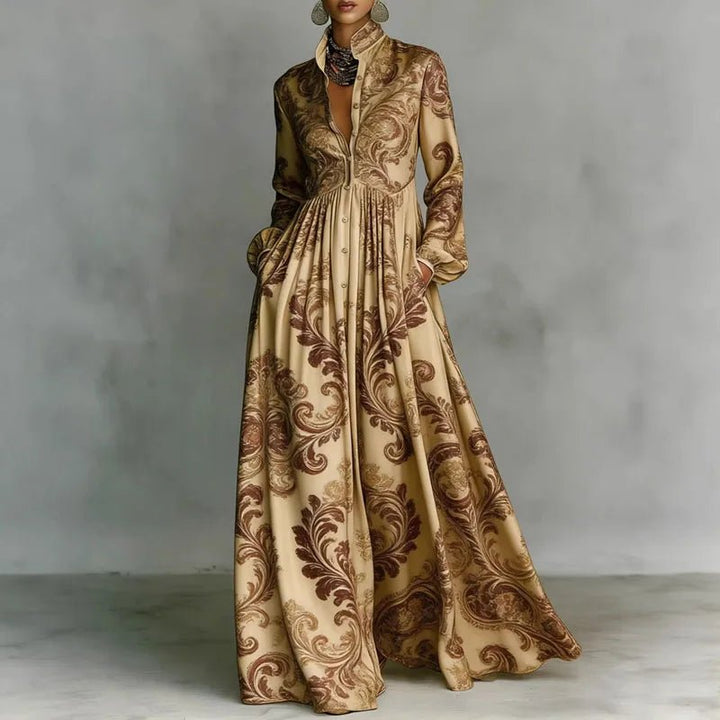 Bohemian style women's long sleeve printed maxi dress, perfect for summer. Flowy & elegant casual.