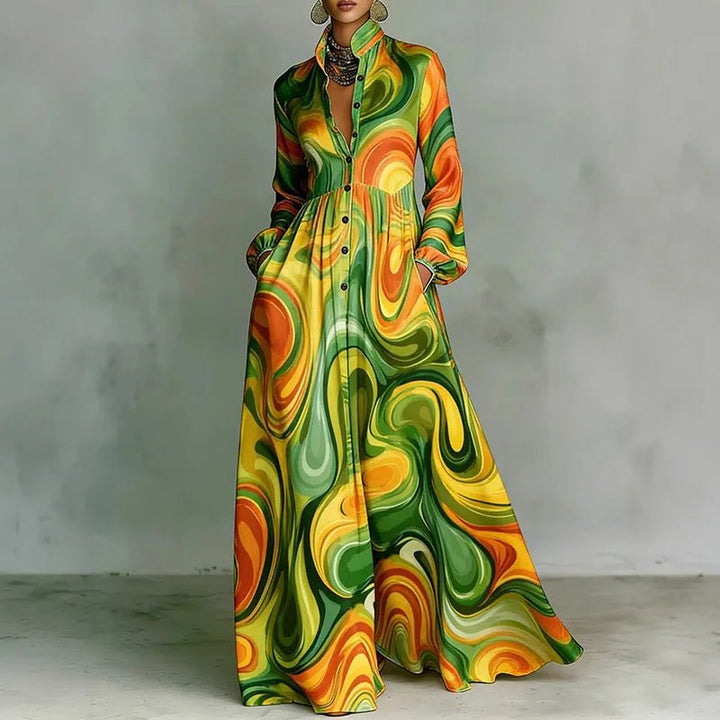 Flowy bohemian women's printed maxi dress with stand collar, long sleeves, and high waist for summer.