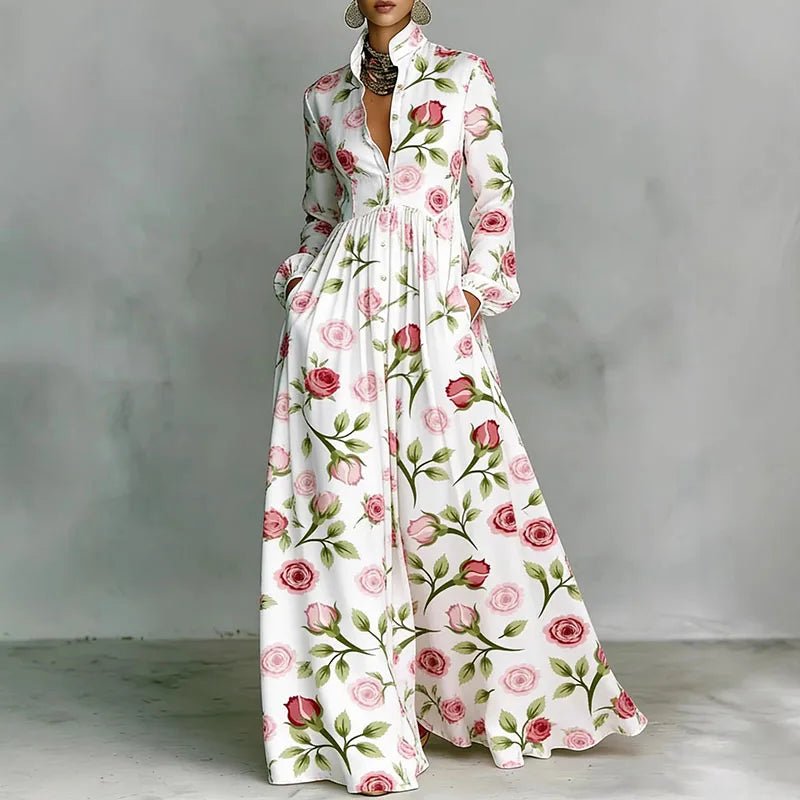 Effortless women's bohemian printed maxi dress. Long sleeve, stand collar, and flowy design for comfort.