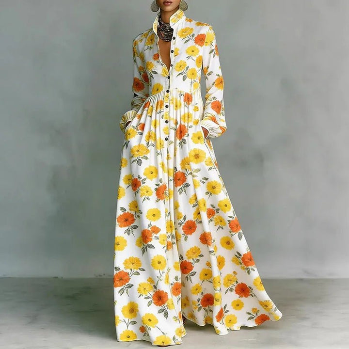 Summer fashion: women's bohemian printed maxi dress with long sleeves, high waist, and button front.