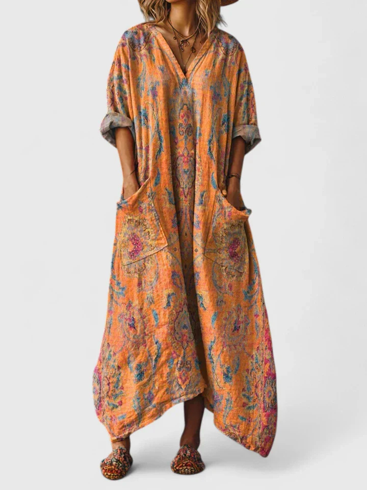 Women's Bohemian printed oversized jumpsuit with pockets, a stylish and comfortable one-piece outfit.