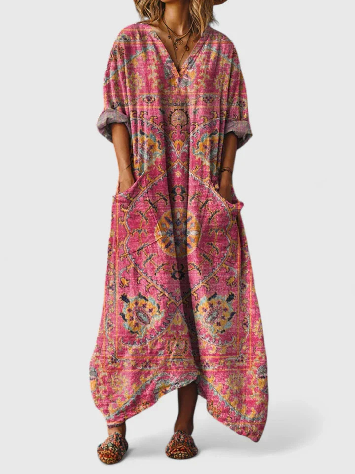 Stylish women's oversized bohemian pattern jumpsuit with pockets, great for festivals & casual comfort.