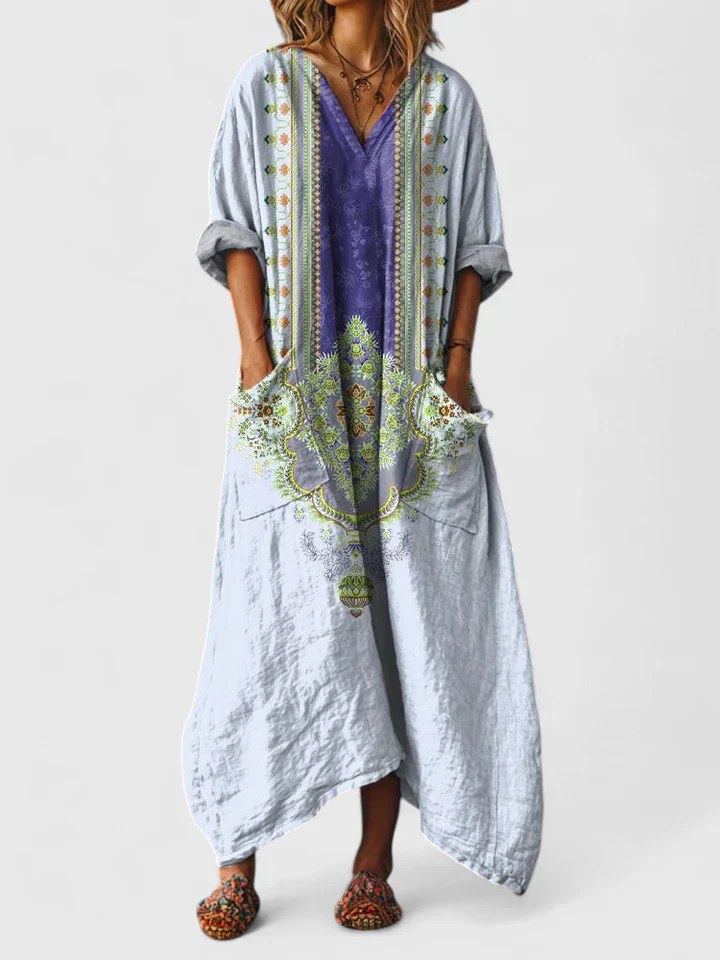 Women's oversized bohemian floral print jumpsuit with convenient pockets, a comfortable one-piece outfit.