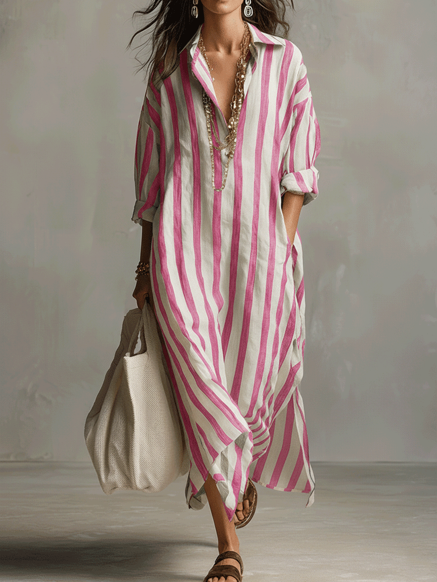 Bohemian button-down maxi dress for women, featuring a striped pattern & flowy fit, vacation ready.