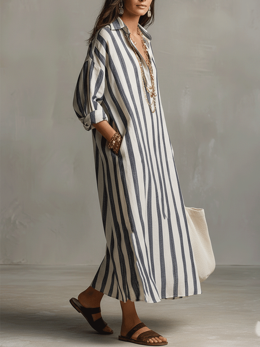 Striped bohemian maxi dress, a long & casual summer dress for women's vacation style.