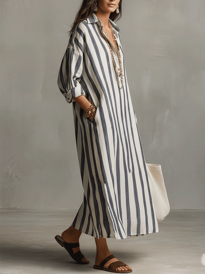 Striped bohemian maxi dress, a long & casual summer dress for women's vacation style.