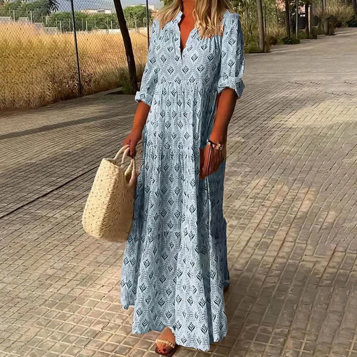 Relaxed fit Bohemian long sleeve maxi dress for women, V-neck, comfortable for everyday fashion & elegant style.