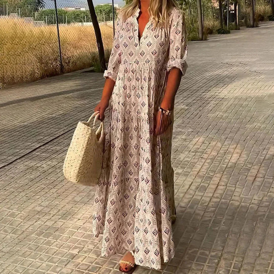 Women's comfortable long sleeve V-neck maxi dress, bohemian style, great for relaxed summer, beach, or casual looks.