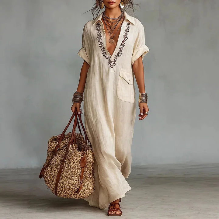 Women's bohemian V-neck printed maxi dress, effortlessly stylish for summer vacations & travel.
