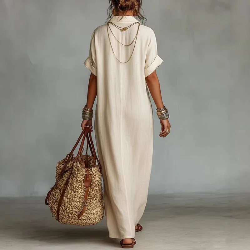 Elegant women's V-neck printed maxi dress, bohemian style, ideal for beach, vacation & casual wear.