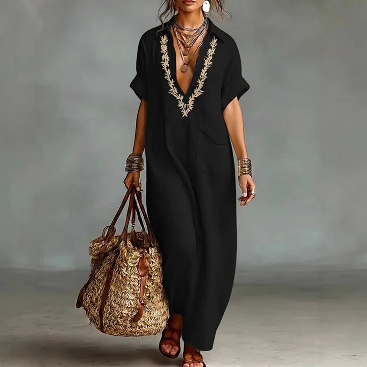 Casual yet elegant women's bohemian printed maxi dress with flattering V-neck, a summer must-have.