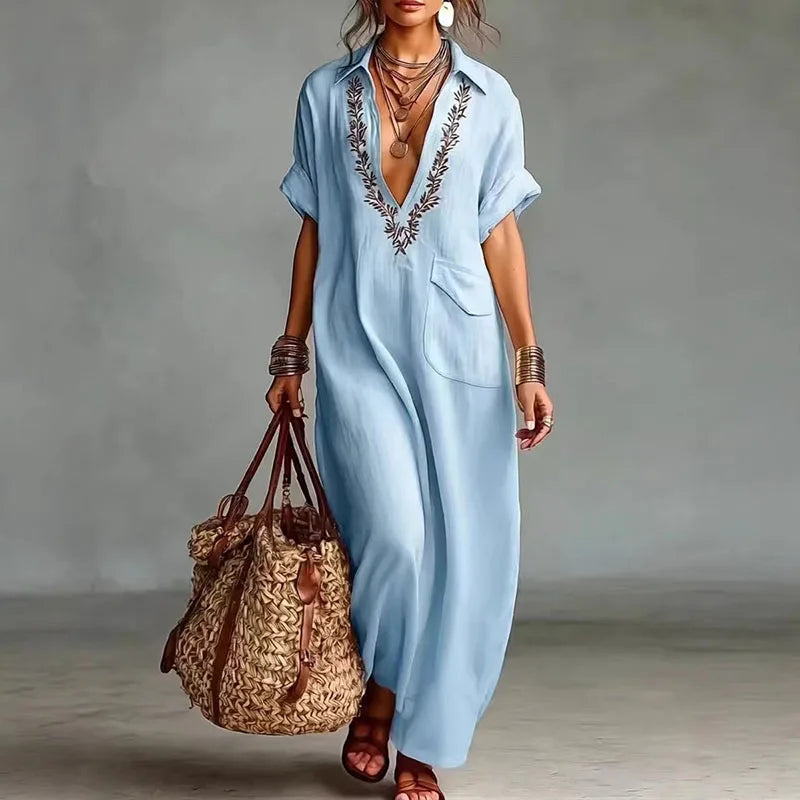 Stylish women's V-neck bohemian maxi dress, printed, flowy & lightweight for effortless summer travel.