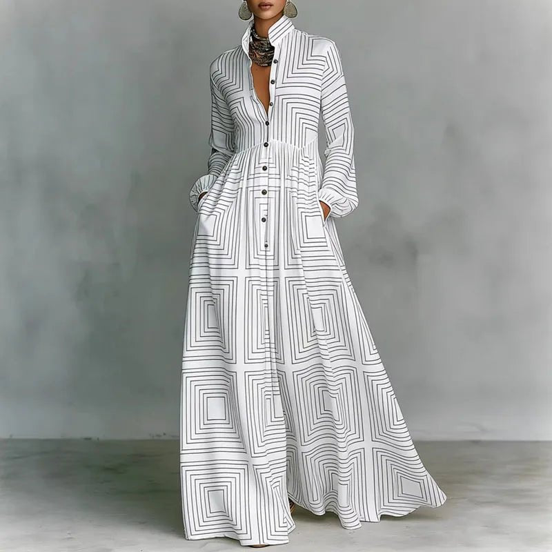 Women's bohemian white geometric print maxi dress with long sleeves, stand collar, high waist, and button front.