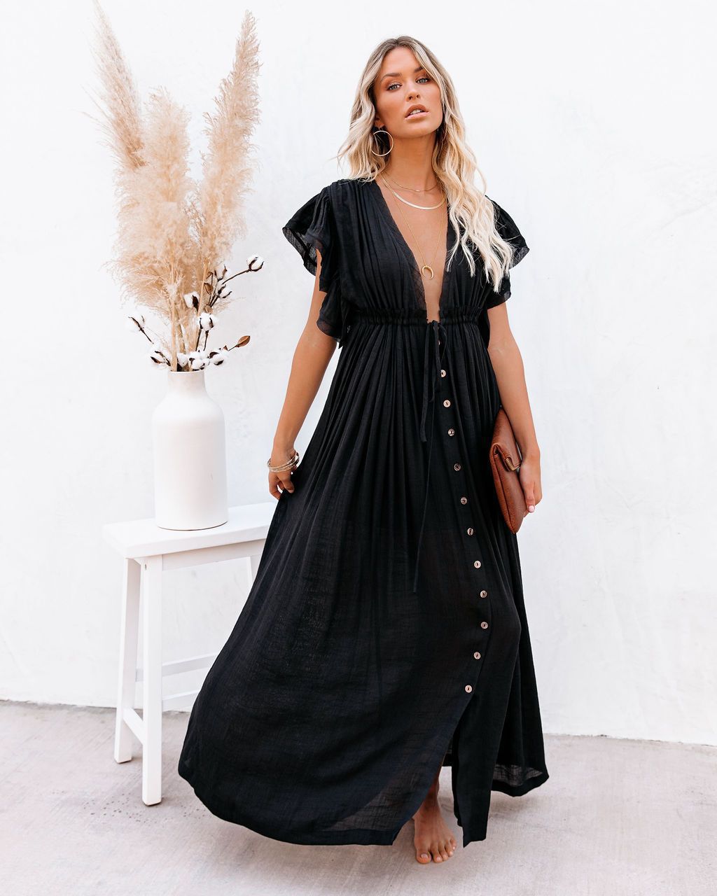 Women's boho beach cover up kimono dress with a v-neck, flowing fabric, perfect for summer resort wear.