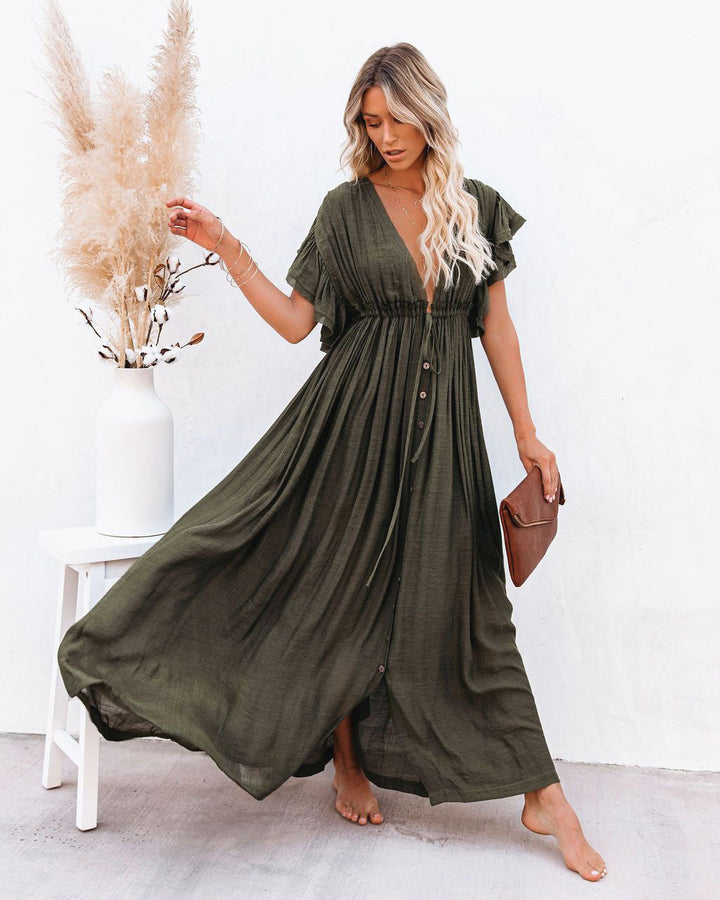 Stylish women's v-neck boho beach cover up, a flowing kimono dress ideal for summer vacations & resort.