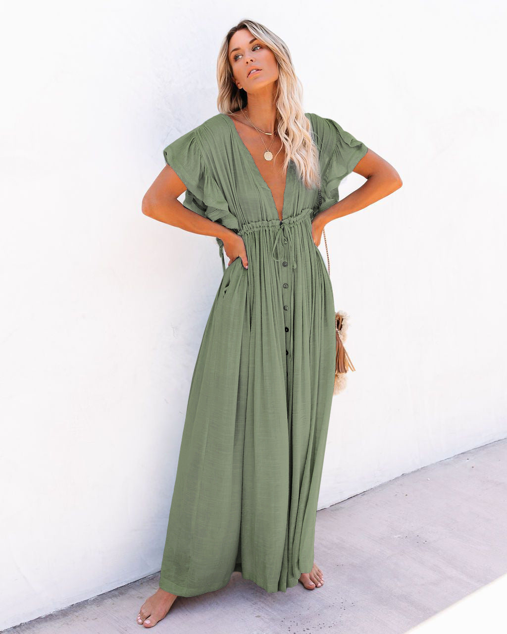 Versatile women's boho beach cover up, a lightweight flowing v-neck kimono dress for summer & resort style.
