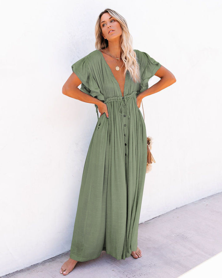 Versatile women's boho beach cover up, a lightweight flowing v-neck kimono dress for summer & resort style.