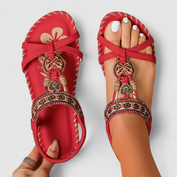 Women's Boho Beaded Rhinestone Flat Toe Ring Sandals, perfect for summer casual wear.