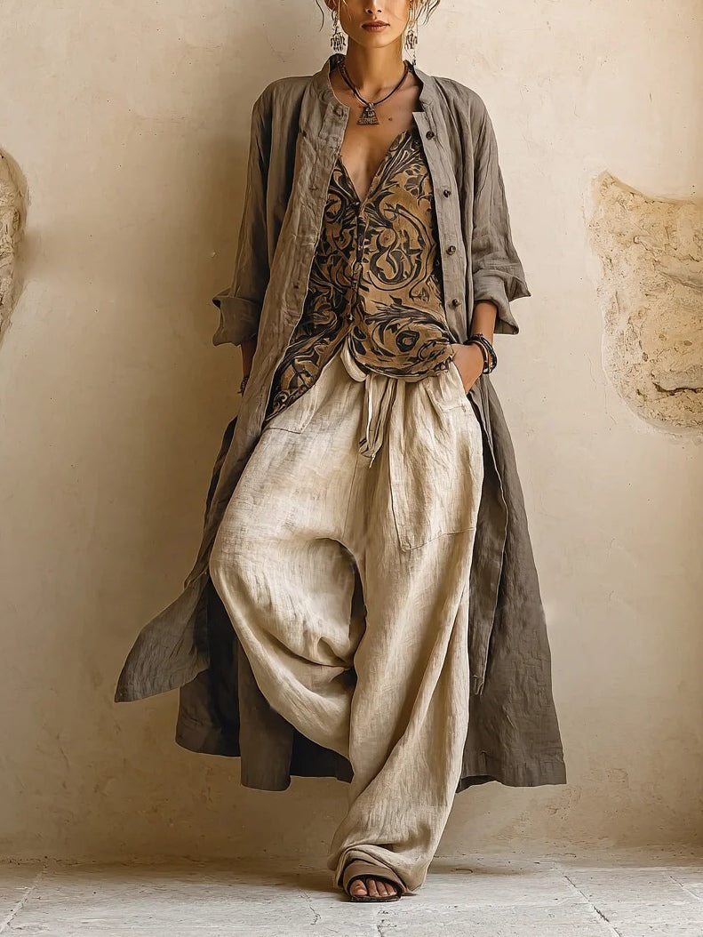 Women's boho chic 3-piece wide leg pants set with flowy cardigan, perfect for summer casual wear.