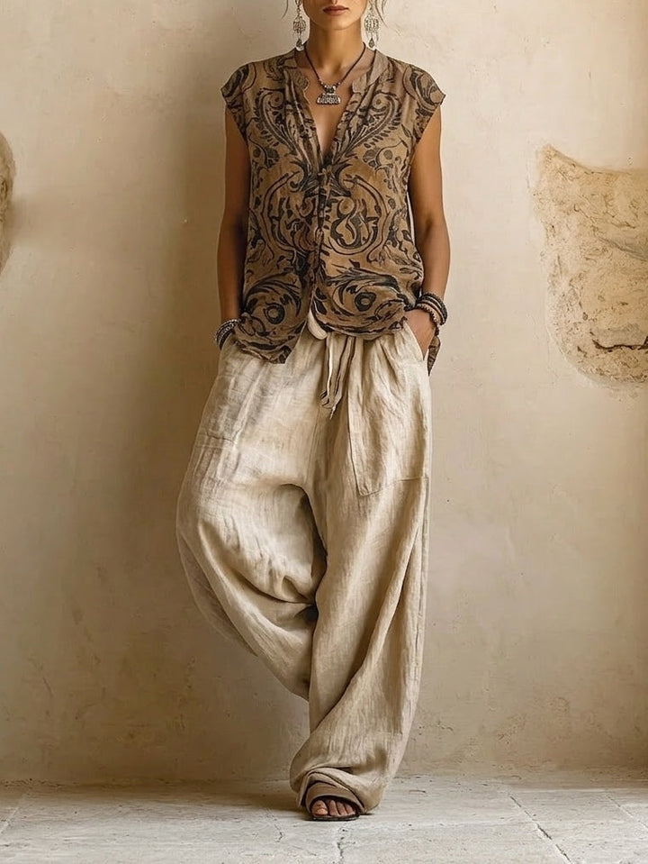 Comfortable women's boho wide leg pants set with a relaxed fit cardigan, ideal for travel and vacation style.